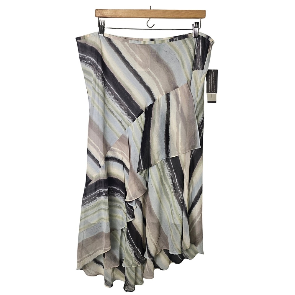 New VTG Gray Silk Midi Skirt Asymmetrical Ruffle Hem‎ Striped Grunge Y2K Size 16